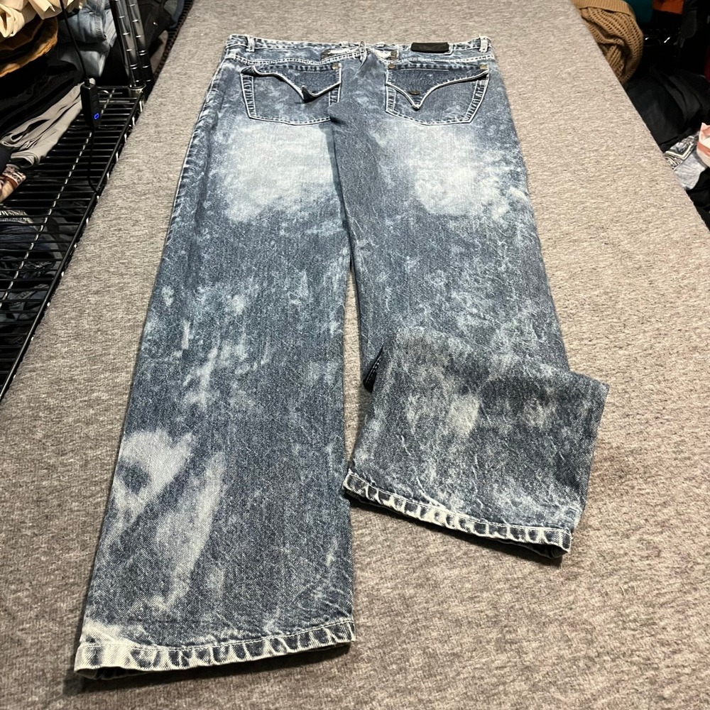 Robins Jean Mens 36x33 Acid Wash Distressed Rhinestone Wing Denim Straight Leg